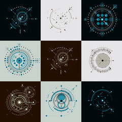 Fototapete - Set of vector abstract backgrounds created in Bauhaus retro style. Modern geometric composition can be used as templates and layouts. Engineering technological wallpapers made with circles.