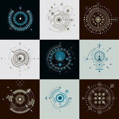 Fototapete - Set of vector abstract backgrounds created in Bauhaus retro style. Modern geometric composition can be used as templates and layouts. Engineering technological wallpapers made with circles.