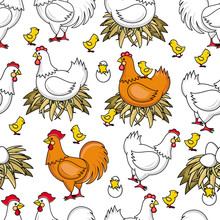 Vector Flat Brown, White Hen Chicken Sitting In Hay Nest, Yellow Chicks Around Seamless Pattern Isolated Illustration On A White Background. Farm Poultry Chicken