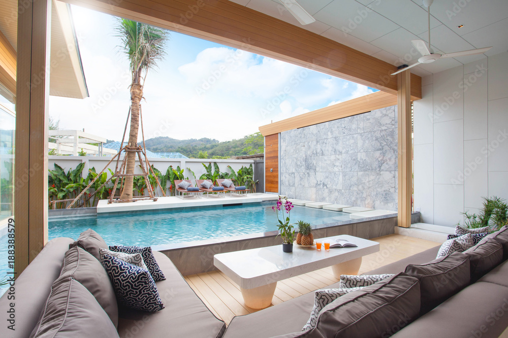 Luxury interior design in living room of pool villas. Airy and bright ...