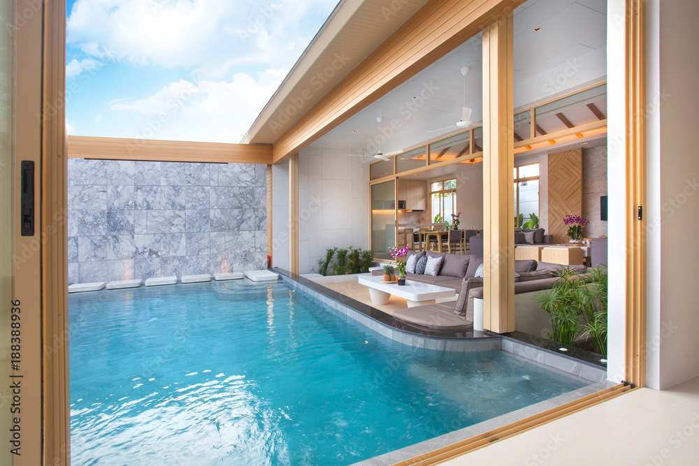 Luxury interior design in living room of pool villas. Airy and bright ...