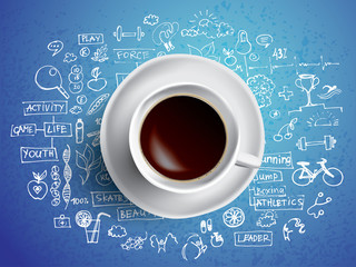 Wall Mural - Coffee cup concept. Health icons with hot coffe mug. Sport and healthy life style with coffee