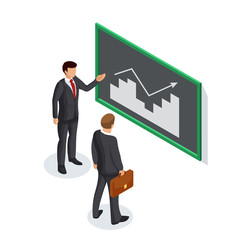 Poster - Concept of presentation of the income growth schedule for a businessman. Two businessmen or managers discuss the business development scheme isolated on white background