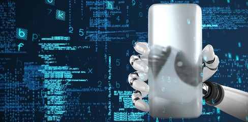 Poster - Composite image of robotic hand holding transparent smartphone