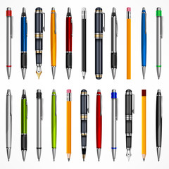 set of pens and pencils, tools for writing drawing, isolated