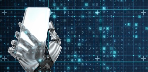 Poster - Composite image of robotic hand holding transparent smartphone