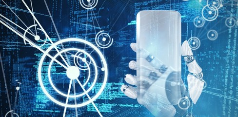 Poster - Composite image of robotic hand holding transparent smartphone