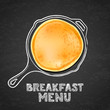 Tasty pancake and hand drawn outline watercolor pan, on textured black board slate background. Vector design for breakfast dessert menu, cafe, restaurant. Morning recipe illustration.