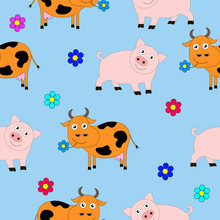 Seamless Texture Consisting Of Pigs And Cows.