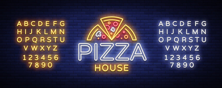 Pizza logo emblem neon sign. Logo in neon style, bright neon sign with Italian food promotion, pizzeria, snack, cafe, bar, restaurant. Pizza delivery. Vector illustration. Editing text neon sign