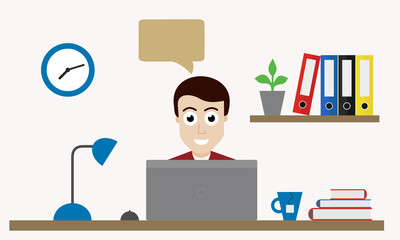 Poster - Man with laptop, working in office behind table