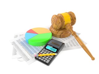 Canvas Print - Gavel with report and pie chart