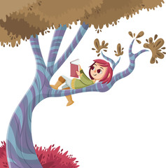 Sticker - Cute cartoon girl reading book over a tree. Nature background.
