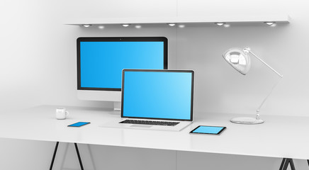 Poster - Modern white desk interior with computer and devices 3D rendering