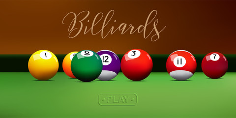 Billiard balls on green table. Vector billiard illustration.