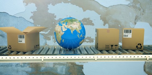 Poster - Composite image of blue globe and boxes on 3d conveyor belt