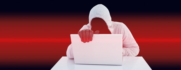 Poster - Hiker in gray hoodie and gloves using laptop