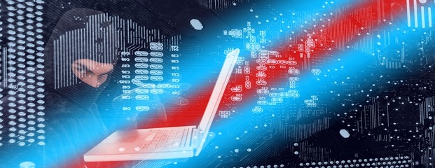 Poster - composite image of hacker in balaclava standing and typing on