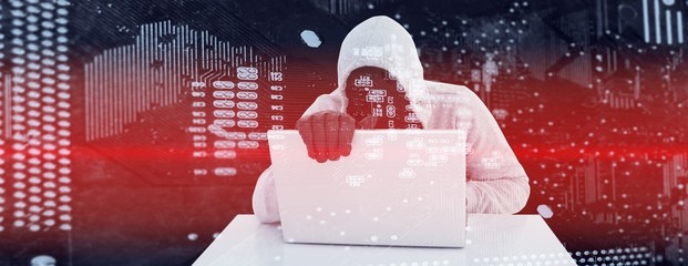 Poster - Composite image of hiker in gray hoodie and gloves using laptop