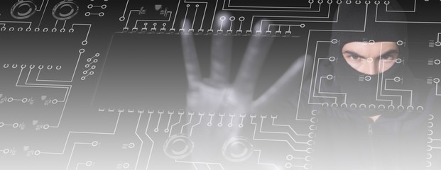 Poster - Composite image of hacker in balaclava gesturing and looking at