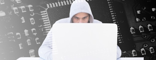 Poster - Composite image of serious burglar hacking into laptop