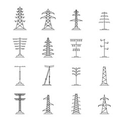 Poster - electrical tower high voltage icons set. outline illustration of 25 electrical tower high voltage ve