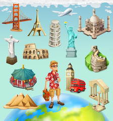 Travel, tourist attraction. 3d vector icon set on background