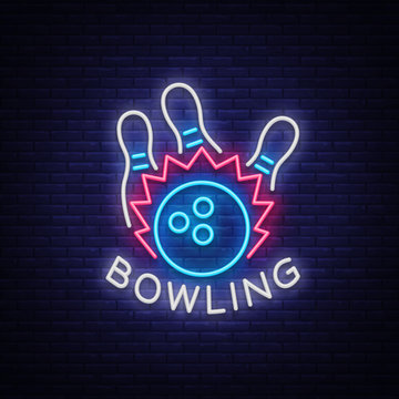 Bowling logo vector. Neon sign, symbol, bright banner advertising bright night bowling, luminous neon billboard. Design a template for the Bowling Club logo. Vector illustration