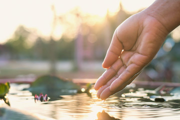 hand and water with sunset