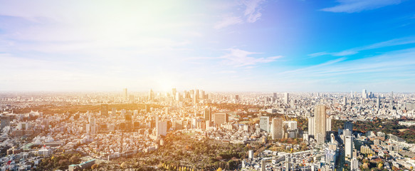 Wall Mural - Asia Business concept for real estate and corporate construction - panoramic modern city skyline bird eye aerial view of Shinjuku & Shibuya under blue sky in Roppongi Hill, Tokyo, Japan