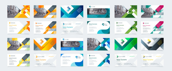 Wall Mural - Vector creative business card template with triangles, squares, round, waves for business, technology. Simple and clean design with a logo and a place for a photo. Creative layout corporate identity.