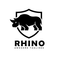 Wall Mural - Rhino with shield logo vector, Rhinoceros shield logo monochrome color Business template, Rhinos logo for sport club or team. Animal mascot logotype , Vector illustration.