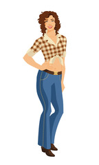 Wall Mural - Vector illustration of young woman with curly hair isolated on white background. Woman in blue jeans and shirt with tartan pattern.