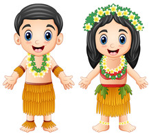 Cartoon Hawaiian Couple Wearing Traditional Costumes