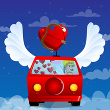 Cupid Driving His Car. Vector Cartoon Character Illustration.