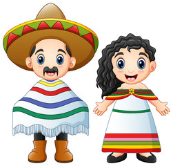 Wall Mural - Cartoon Mexicans couple wearing traditional costumes