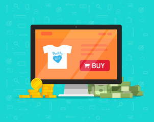 Poster - Internet on-line shop website on computer with lots of money vector illustration, flat cartoon ecommerce online store on pc and earned or spend cash, idea of digital profit revenue or expenses