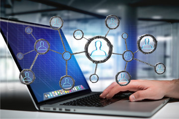 Poster - Network connection with people linked each other in technology wheel - 3d rendering
