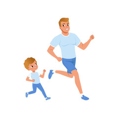 Wall Mural - Cartoon father and son running together. Morning jogging. Sporty family. Fatherhood concept. Physical activity and healthy lifestyle. Flat vector design