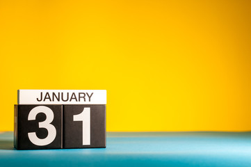 Sticker - January 31st. Day 31 of january month, calendar on yellow background. Winter time. Empty space for text