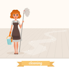 Wall Mural - Woman standing on shiny floor and holding mop and plastic bucket. Cartoon maid in dress, apron and protective rubber glove. Housekeeper. Flat vector design