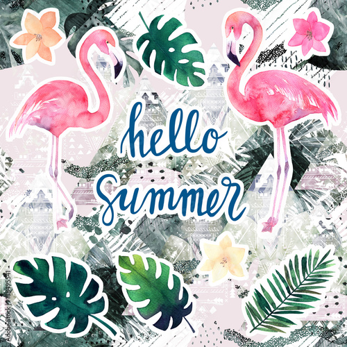 Watercolor seamless pattern with tropical palm leaves, flamingo and abstract ...