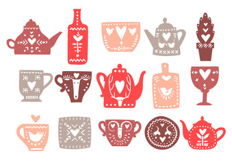 Poster - Vector set of hand drawn teapots with hearts and Scandinavian ornaments.