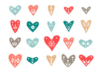 Wall Mural - Vector set of hand-drawn hearts with Scandinavian ornaments.