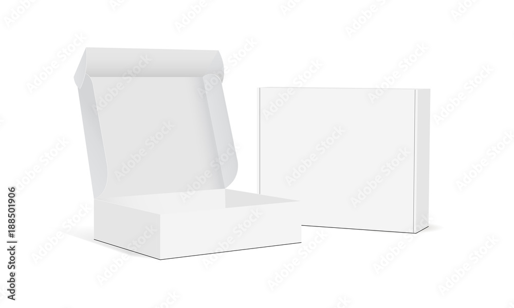 Two blank packaging boxes - open and closed mockup, isolated on white background. Vector illustration - obrazy, fototapety, plakaty 