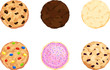 Six Chocolate Chip, Fudge, Sugar, Candy, Iced, and Oatmeal Cookies. Flat View.