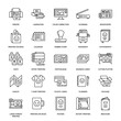 Printing house flat line icons. Print shop equipment - printer, scanner, offset machine, plotter, brochure, rubber stamp. Thin linear signs for polygraphy office, typography.