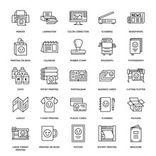 Printing House Flat Line Icons. Print Shop Equipment - Printer, Scanner, Offset Machine, Plotter, Brochure, Rubber Stamp. Thin Linear Signs For Polygraphy Office, Typography.