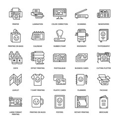 Leinwandbilder - Printing house flat line icons. Print shop equipment - printer, scanner, offset machine, plotter, brochure, rubber stamp. Thin linear signs for polygraphy office, typography.