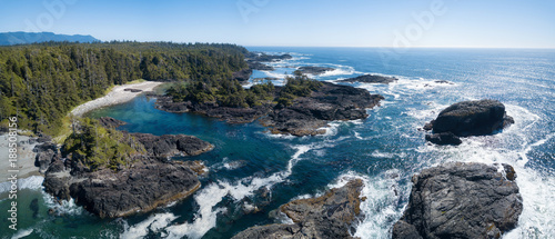 Cuadros en Lienzo Aerial panoramic seascape view of the Rocky Pacific Coast during a vibrant sunny summer day